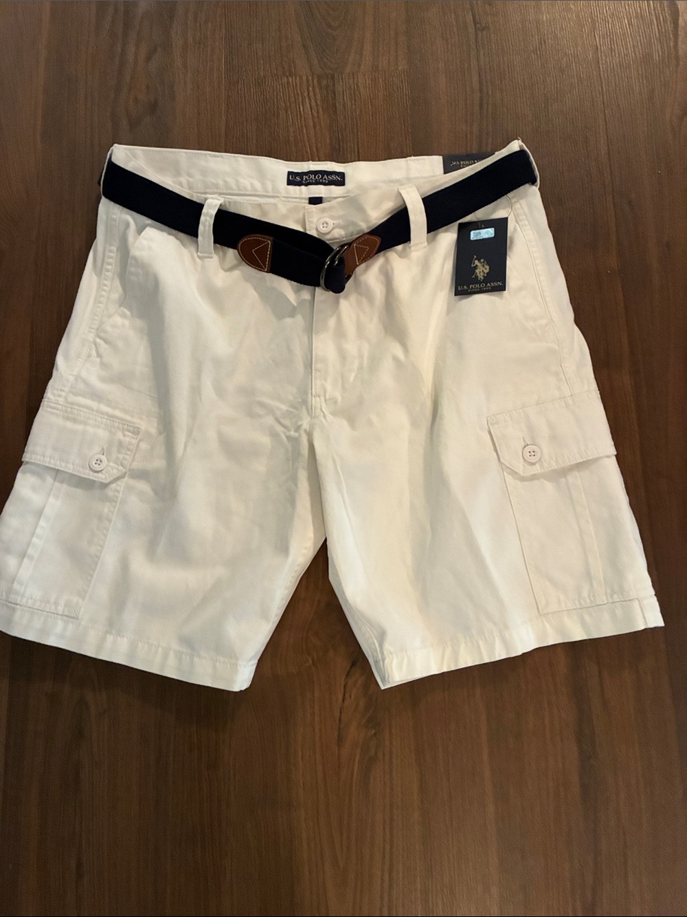 U.S. Polo Assn. Men’s White Cargo Shorts with Black Belt Accent